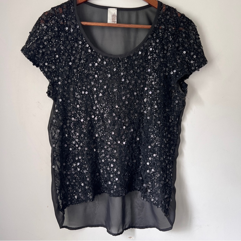 Black and Silver Sequin Asymmetrical Cap Sleeve Blouse